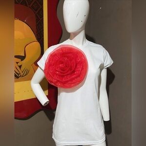 White T-Shirt with 3D Red Floral Accent